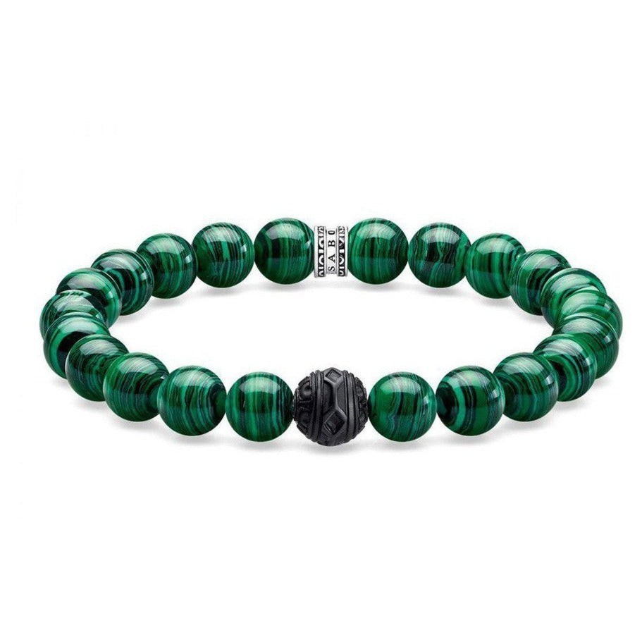 Green Onyx beaded bracelet with silver and black accents.
