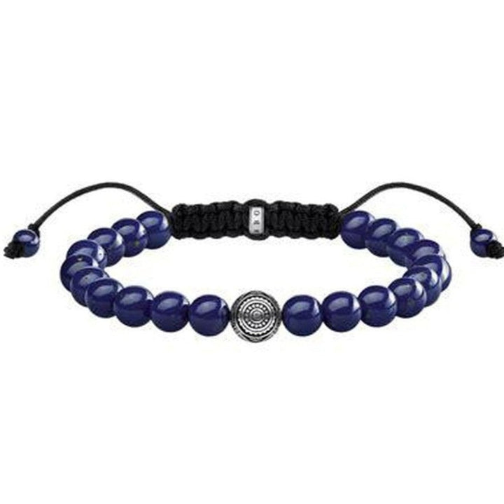 Lapis lazuli and silver beaded bracelet with adjustable cord.

