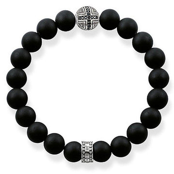 Black matte bead bracelet with silver cross and patterned accents.
