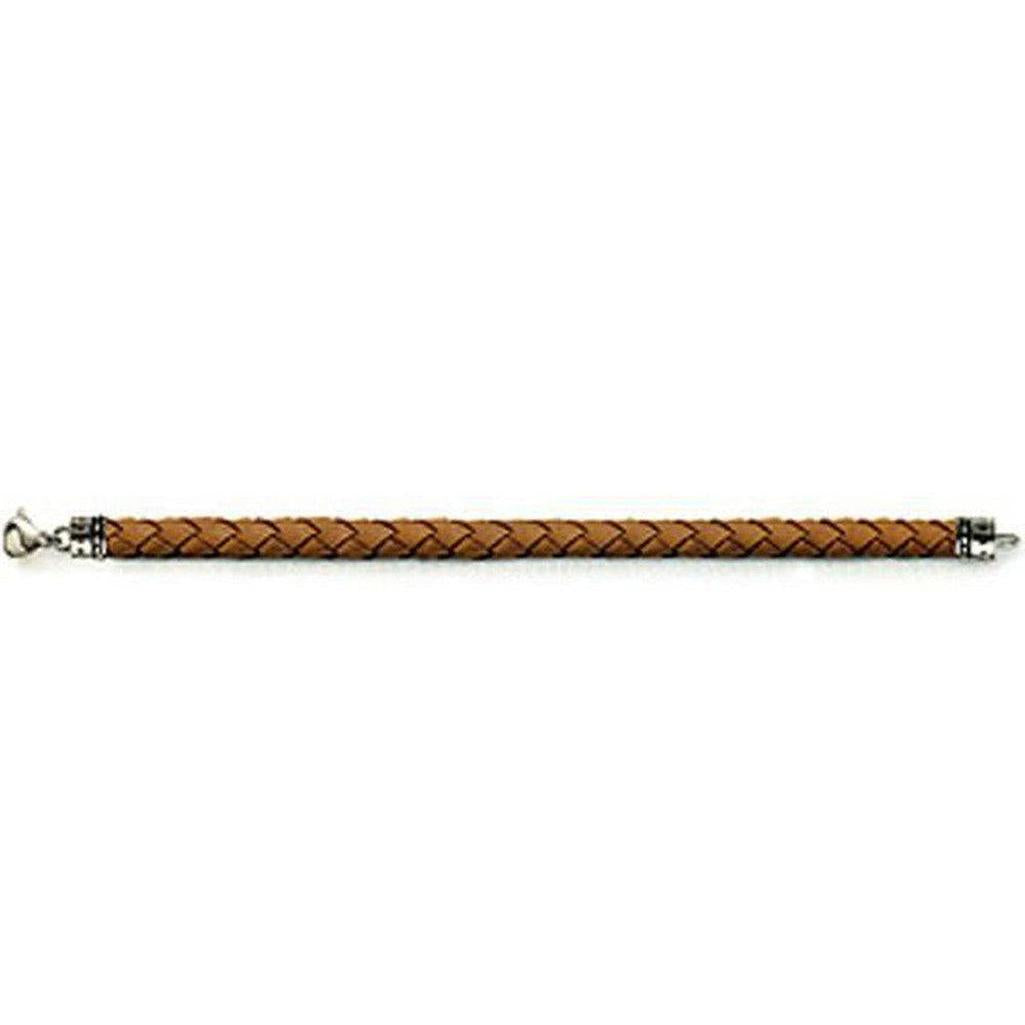 Tan braided leather bracelet with silver clasps.
