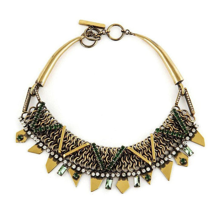 Brass necklace with green & clear rhinestones; geometric design.
