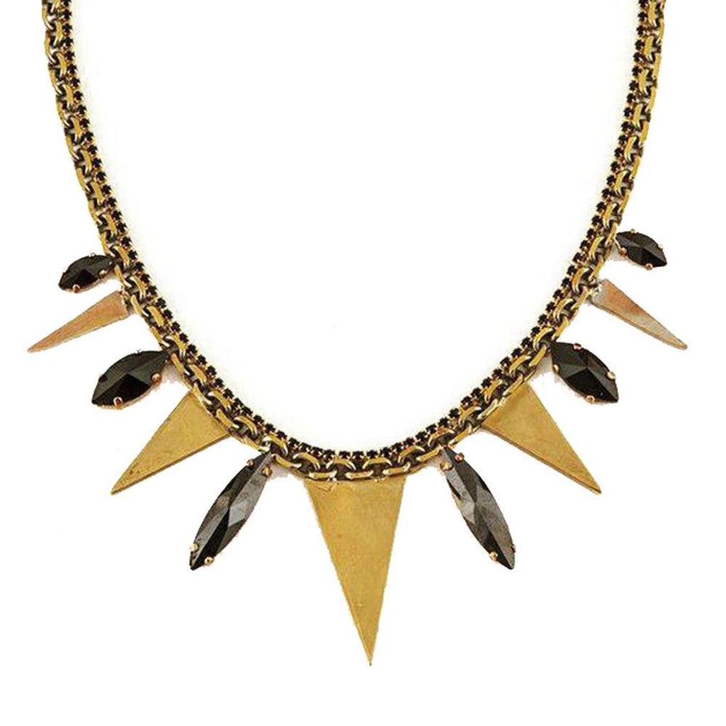 Brass necklace with black stones and gold triangle accents
