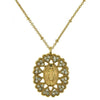 Gold Bringing Her Home necklace featuring Virgin Mary pendant, clear crystals, heart accents.
