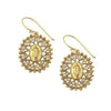 Gold "Bringing Her Home" earrings featuring Virgin Mary medallions, surrounded by clear crystals in heart shapes.
