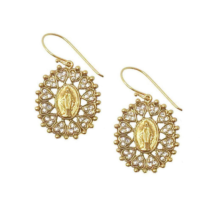 Gold "Bringing Her Home" earrings featuring Virgin Mary medallions, surrounded by clear crystals in heart shapes.
