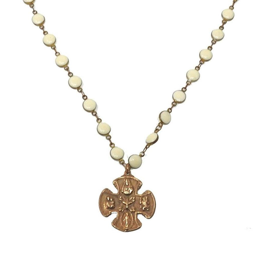Bronze cross necklace with off-white beads
