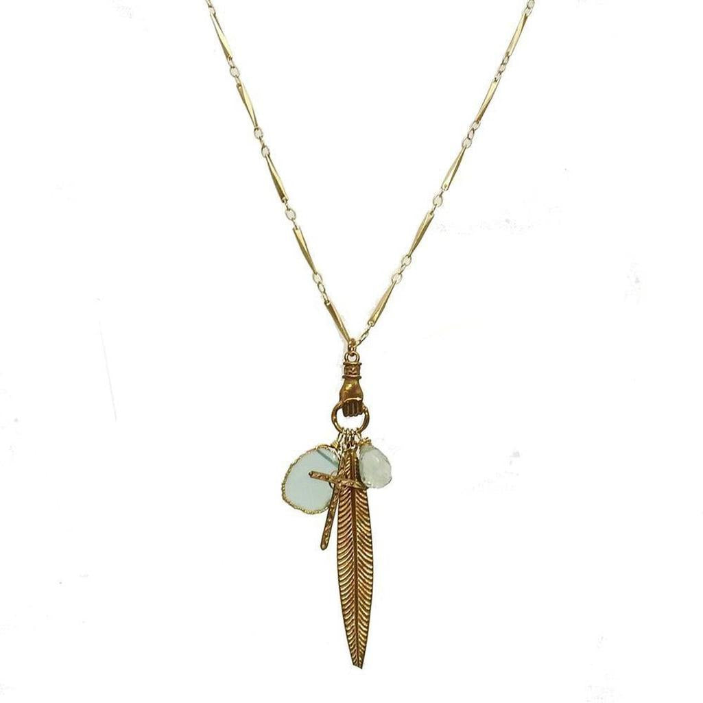 Bronze Feather & Cross necklace with gold chain & aquamarine accents.
