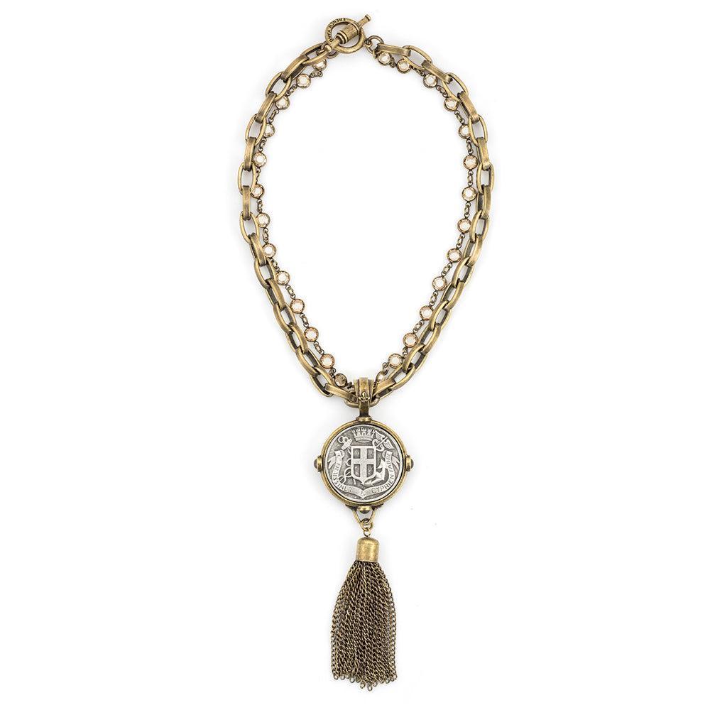 Bronze Tassel Necklace with Fabre Medallion-French Kande-Swag Designer Jewelry