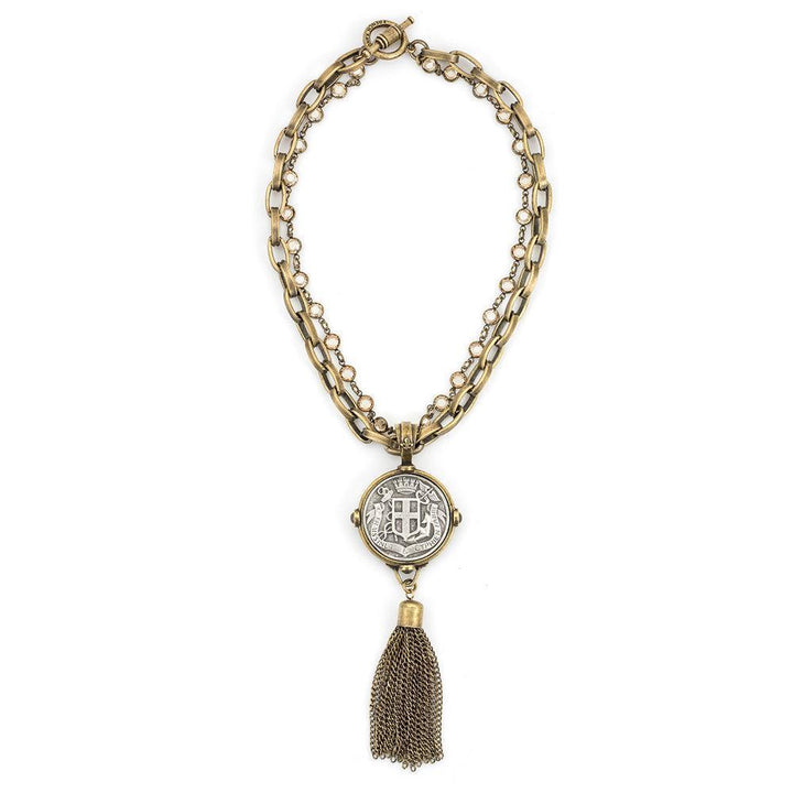 Bronze Tassel Necklace with Fabre Medallion-French Kande-Swag Designer Jewelry