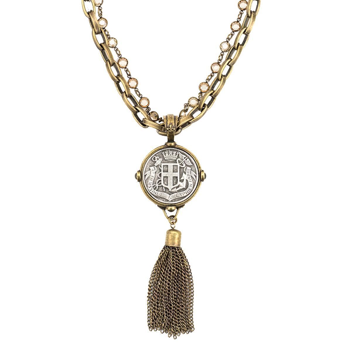 Bronze Tassel Necklace with Fabre Medallion-French Kande-Swag Designer Jewelry