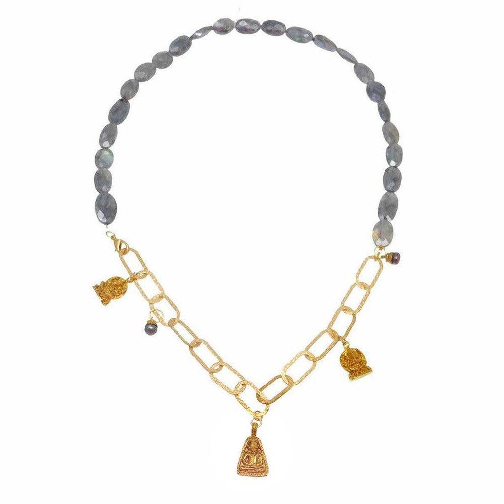 Labradorite & gold Buddha charm necklace; gray gemstone beads, gold chain, three Buddha pendants
