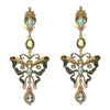 Gold butterfly earrings with turquoise, peridot, and aquamarine gemstones.
