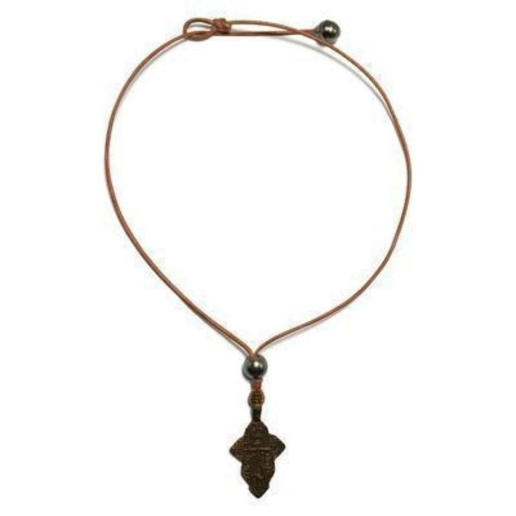 Byzantine Cross Tahitian Necklace: Brown leather cord, bronze cross pendant, black pearls.
