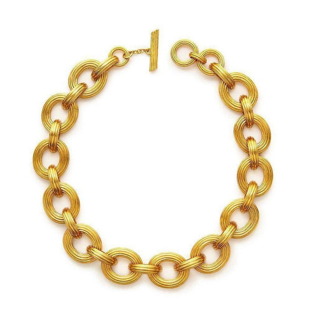 Gold Byzantine necklace with textured chain links.
