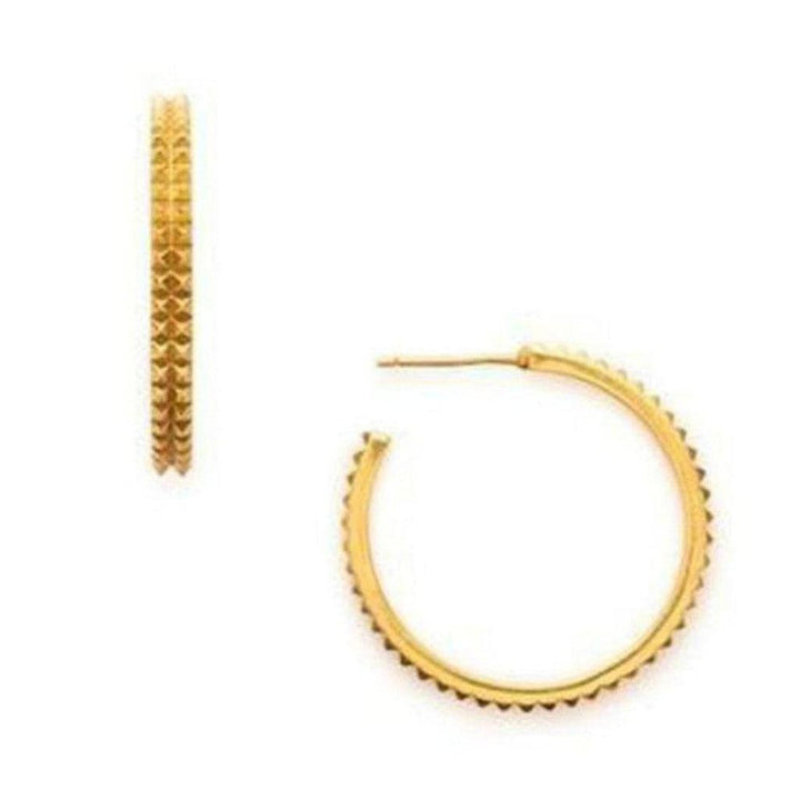 Gold Cairo Hoops earrings with textured pyramid detailing

