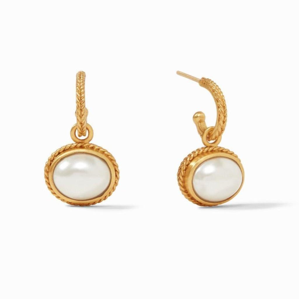Calypso Hoop & Charm Earrings: Gold-plated hoops with oval white pearl accents.
