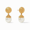Calypso Pearl earrings: gold textured drop earrings with a large white pearl.
