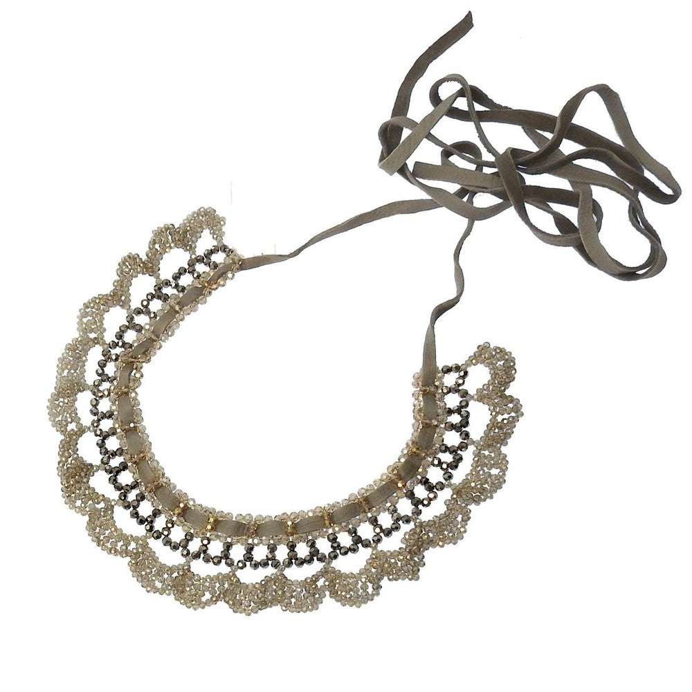 Elegant Cameron Woven Choker necklace with taupe ribbon and beaded detailing.

