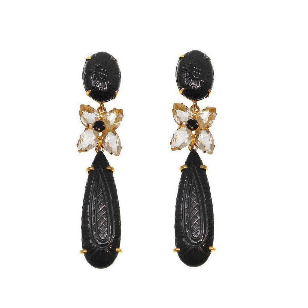 Carved black onyx & quartz drop earrings with gold accents
