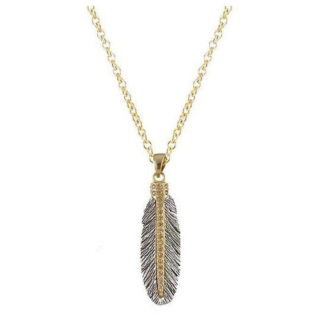 Casbah Feather Necklace: Gold chain, silver feather pendant with sparkling accents.
