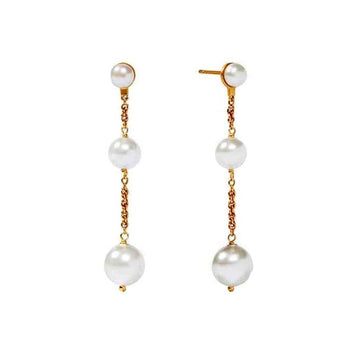 Cascade Pearl Earrings: Elegant gold chain drop earrings featuring three lustrous white pearls.
