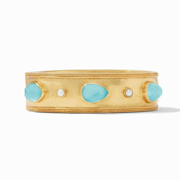 Gold Cassis Statement Hinge Bangle with turquoise & pearl accents.
