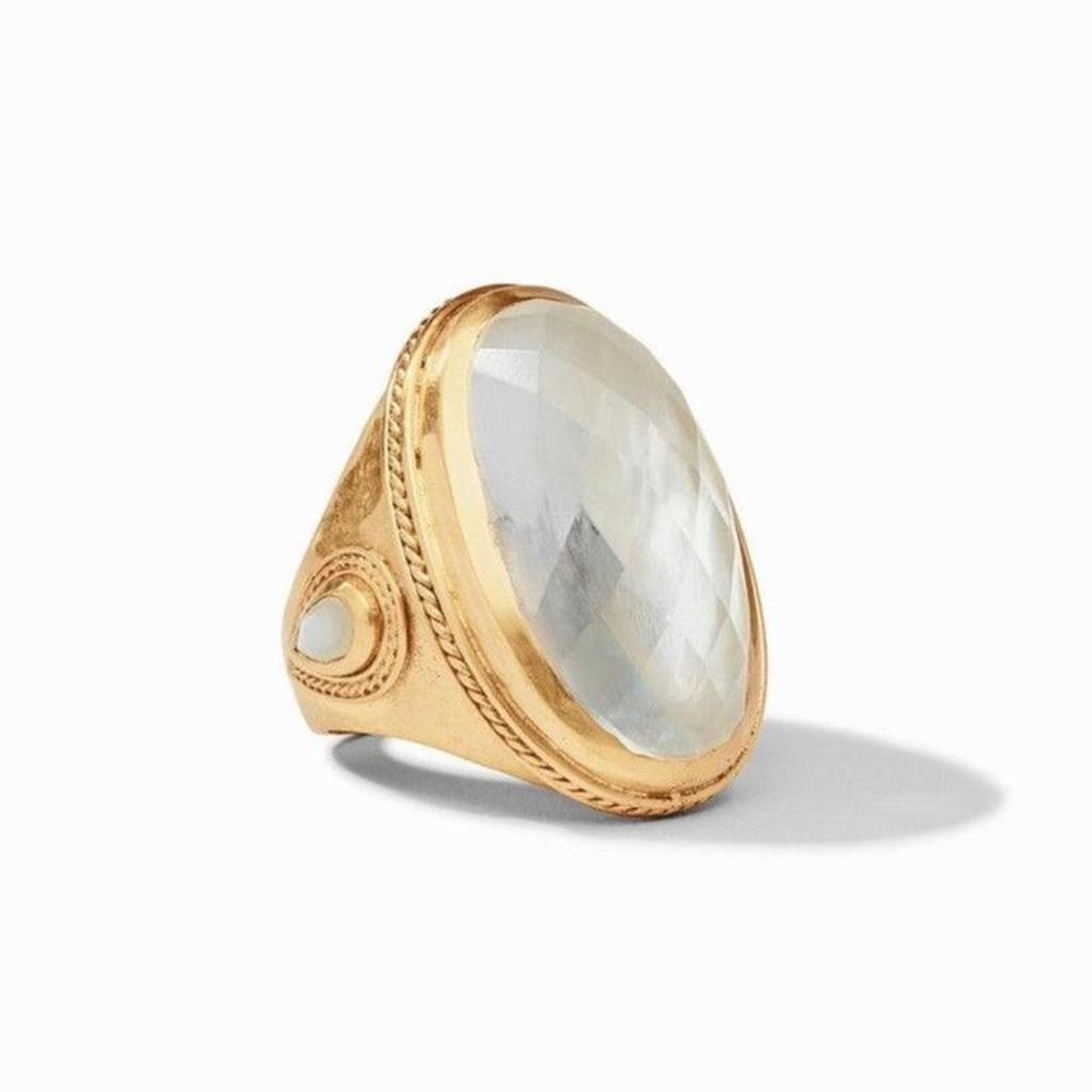 Cassis Statement Ring: Gold statement ring with large oval mother-of-pearl gemstone.
