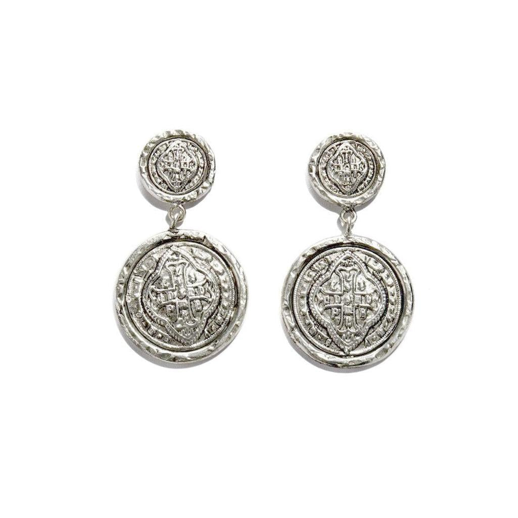 Cathedral Post Earrings-Sevilla: Silver-tone double coin drop earrings with embossed detailing.
