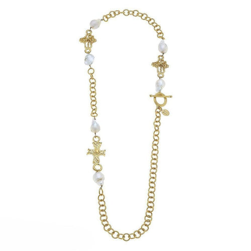 Chain Necklace with Crosses and Pearls-Susan Shaw-Swag Designer Jewelry