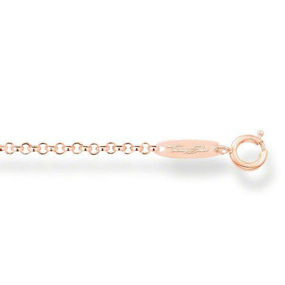 Rose gold chain necklace with delicate links and designer clasp.
