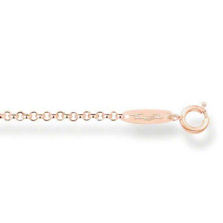 Rose gold chain necklace with delicate links and designer clasp.
