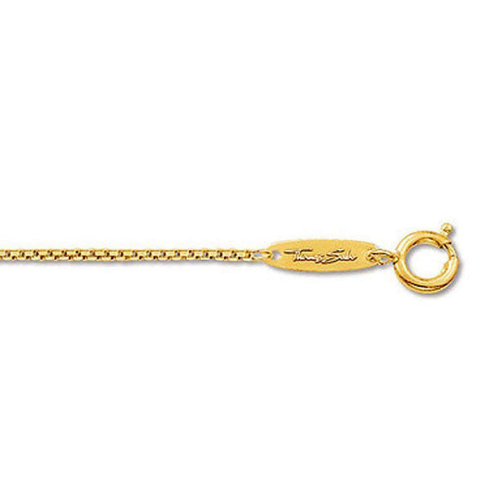 Gold-plated box chain necklace on white background.
