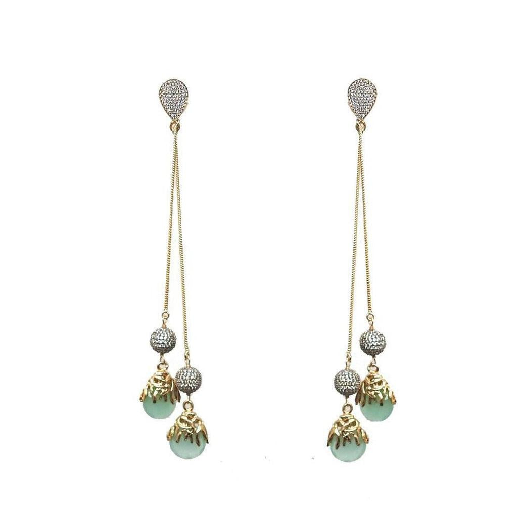 Elegant Chalcedony Drop Chandelier Earrings with gold chains and light green beads.
