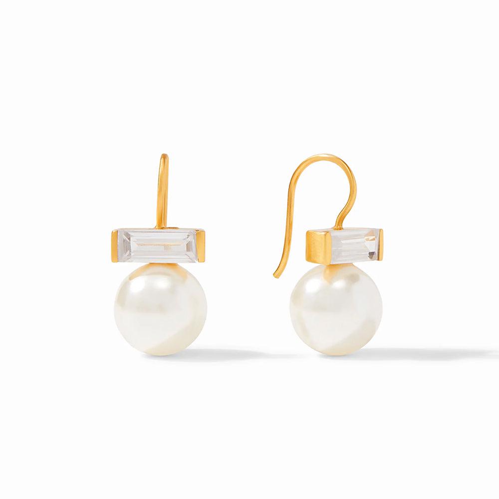Charlotte Pearl earrings: gold, featuring a white pearl and baguette-cut stone.
