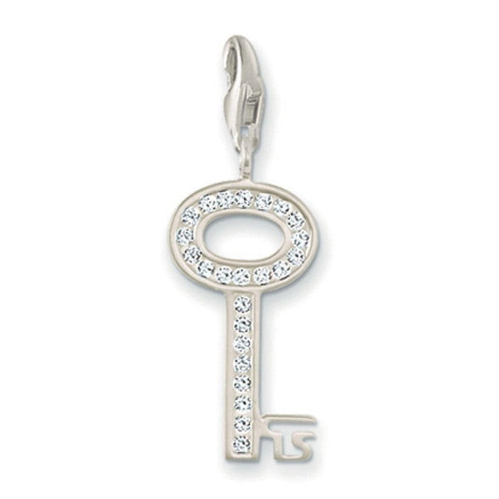 Charm 0010 Clear Zirconia Key charm, silver key pendant adorned with clear zirconia stones.

