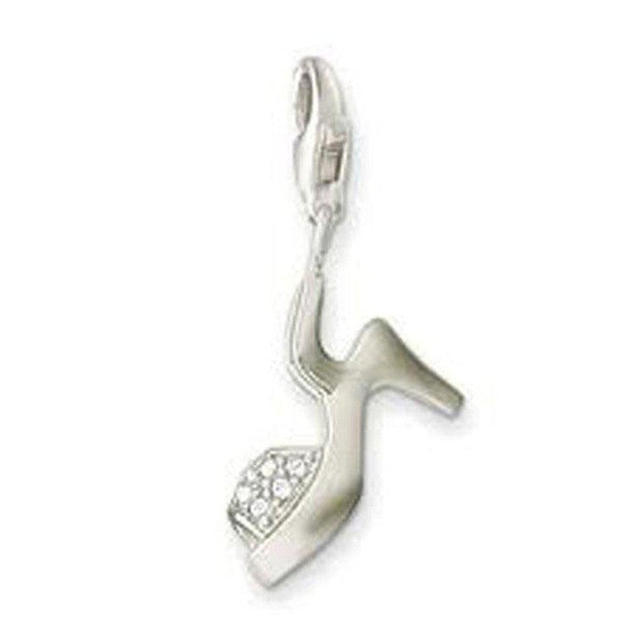 Charm 0027 silver shoe charm with clear cubic zirconia accents.
