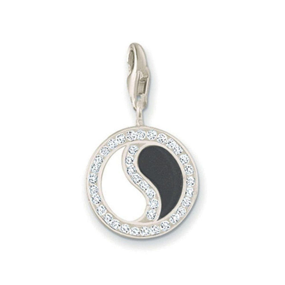 Charm 0043 Clear Zirconia Ying Yang pendant: silver-tone, black & white enamel, clear cubic zirconia accents.
