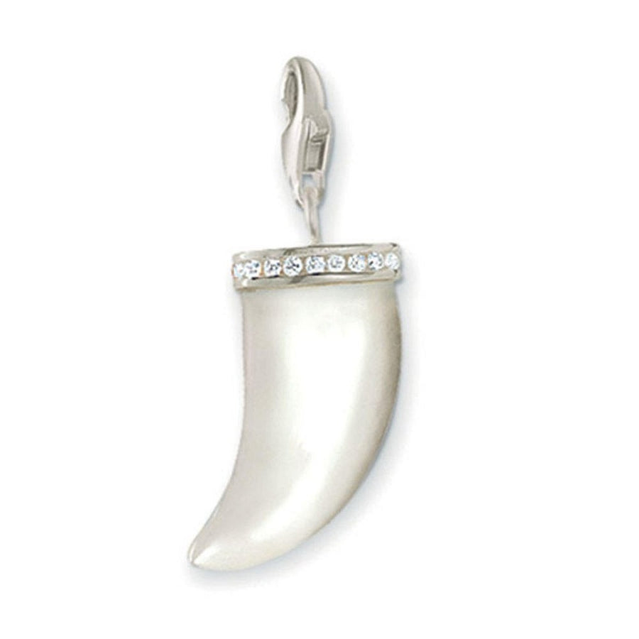 Charm 0069 White Mop Tooth charm, white opal tooth design,  silver clasp, clear CZ accents.
