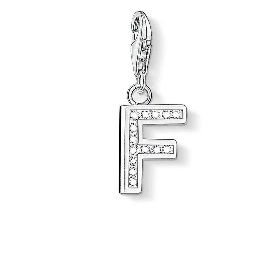 Charm 0228 Pave Letter F: Silver charm with sparkling cubic zirconia letter F.
