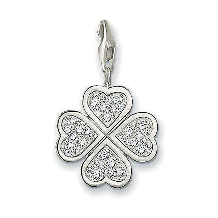 Charm 0348 Clear Zirconia Four Leaf Clover charm, silver-toned, sparkling cubic zirconia.
