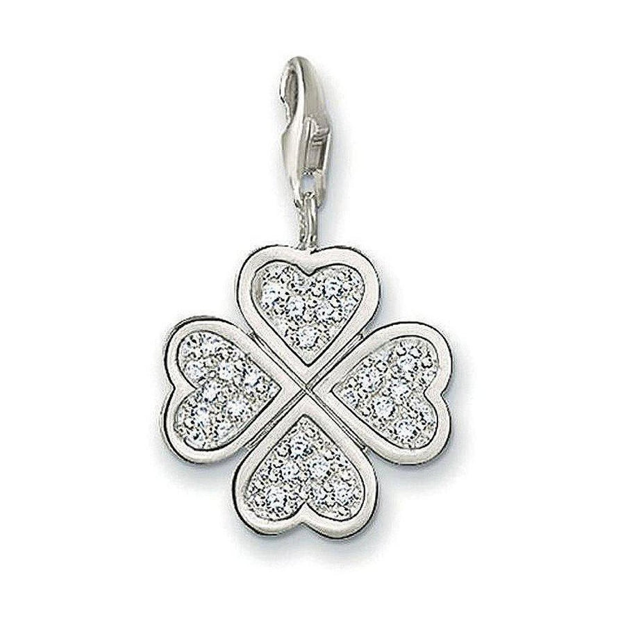 Charm 0348 Clear Zirconia Four Leaf Clover charm, silver-toned, sparkling cubic zirconia.
