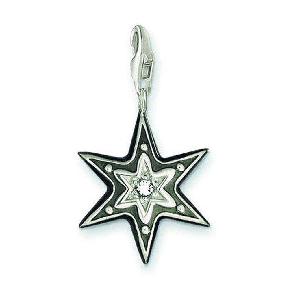Charm 0514 Black Pave Star charm: black star-shaped pendant with clear cubic zirconia, silver-tone accents.
