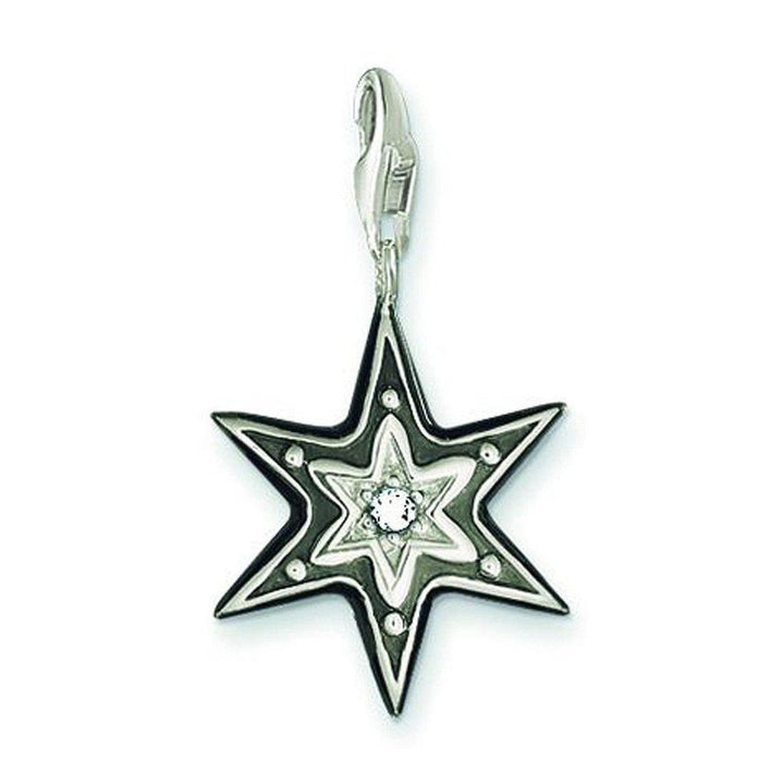 Charm 0514 Black Pave Star charm: black star-shaped pendant with clear cubic zirconia, silver-tone accents.
