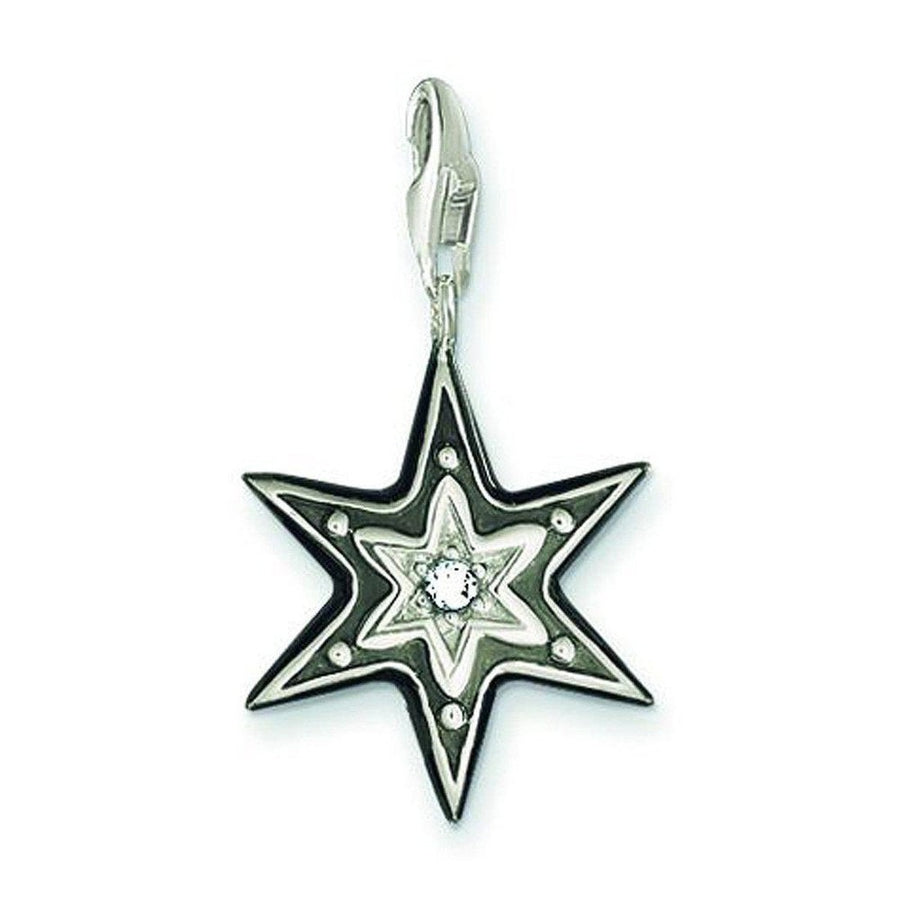 Charm 0514 Black Pave Star charm: black star-shaped pendant with clear cubic zirconia, silver-tone accents.
