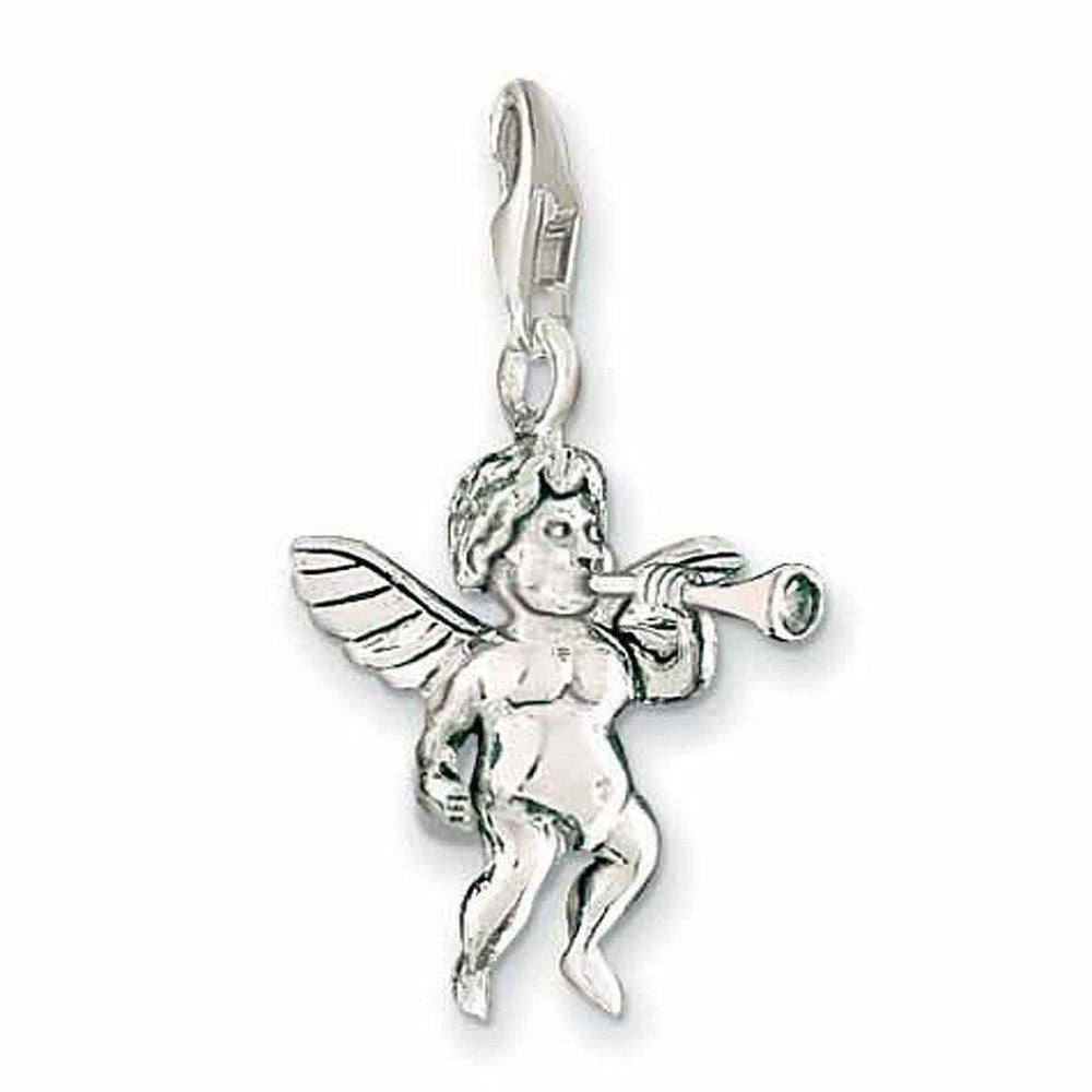 Charm 0515 Angel with Trumpet: Silver cherub charm playing a trumpet, perfect for jewelry collectors.

