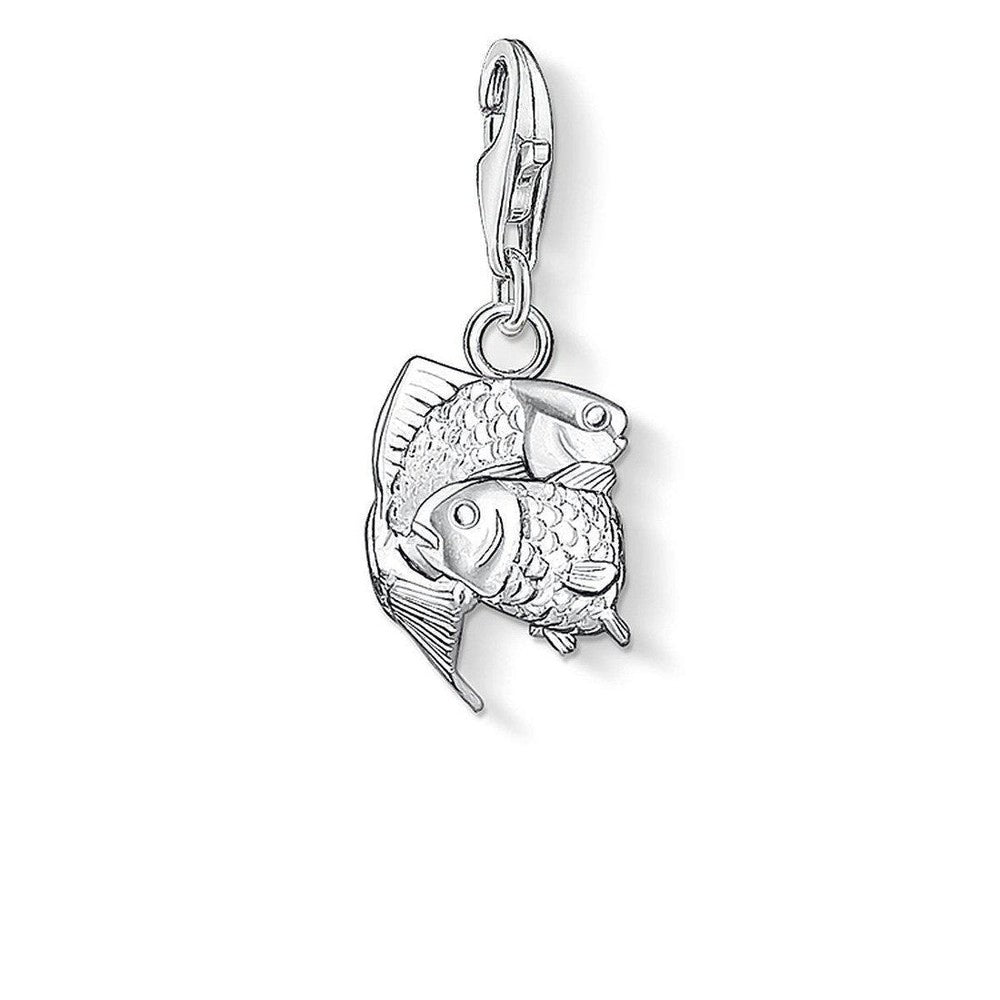 Silver Pisces charm featuring two intricately detailed fish.
