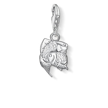 Silver Pisces charm featuring two intricately detailed fish.
