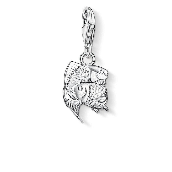 Silver Pisces charm featuring two intricately detailed fish.
