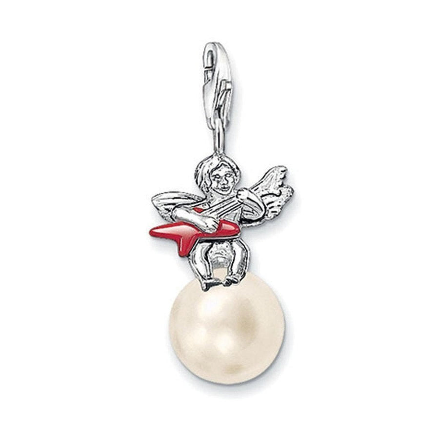 Charm 0620: Angel on pearl with red guitar, silver charm pendant
