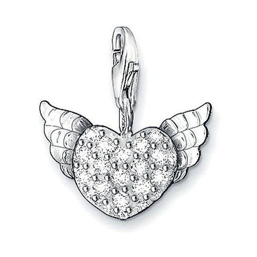 Charm 0626: Silver heart charm with wings, clear zirconia accents.
